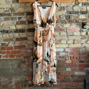 Floor length floral wrap dress